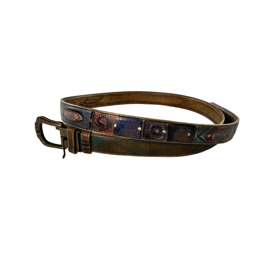 Vintage 80s Hand Painted Leather Belt Brass Buckle Women's Thin Rare